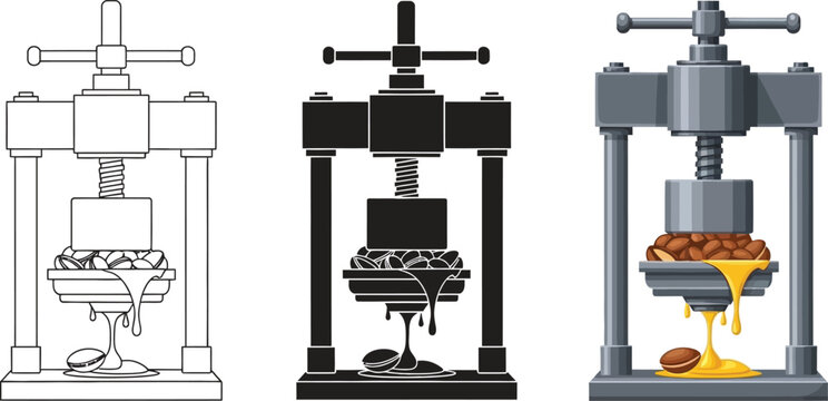 Set of press machines extracting oil from nuts vector illustration in line art silhouette and realistic styles for food industry concepts