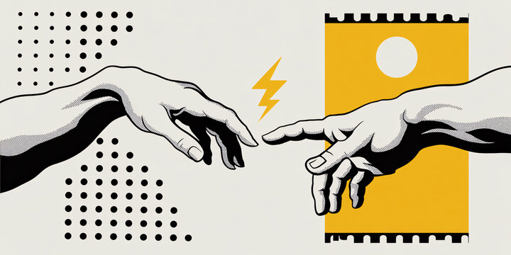 An artistic illustration of two hands almost touching with a lightning bolt between them