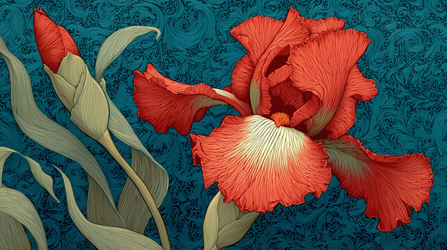 Red Iris Floral Pattern on Ornamental Teal Background,