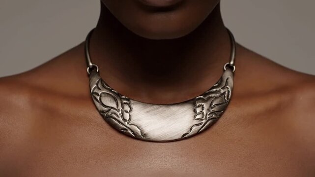Ornate silver-toned tribal-inspired statement necklace with intricate patterns beautifully displayed on a woman's dark skin.