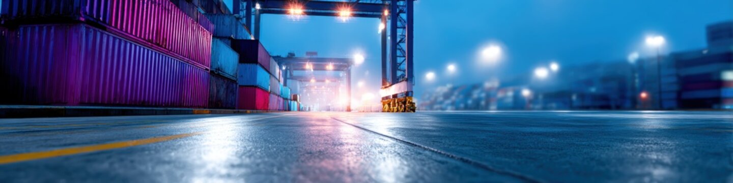 automated port technology, futuristic, automated container terminal promoting port efficiency straddle carriers moving containers with precision in ambient twilight large, clean area for marketing
