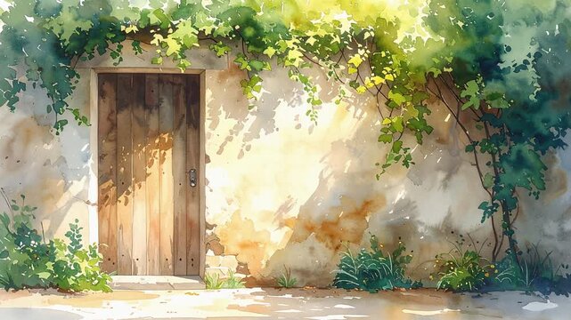Old wooden door surrounded by green vines growing on rustic wall watercolor painting illustration