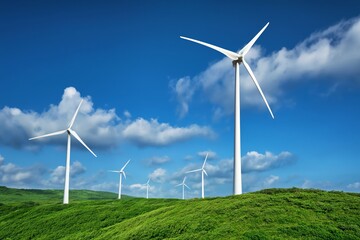 Fototapeta premium Wind Turbines Spin on a Green Hill Under a Blue Sky With Clouds During the Day