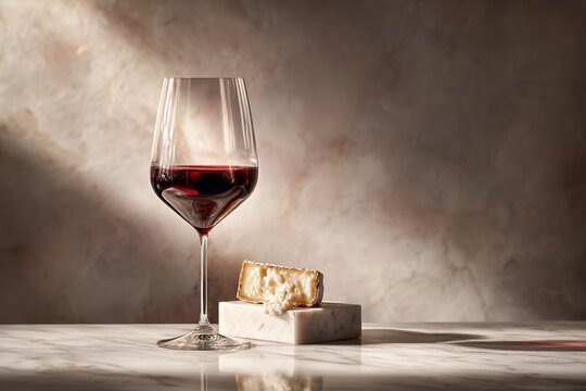 Focus on red wine and cheese on marble surface
