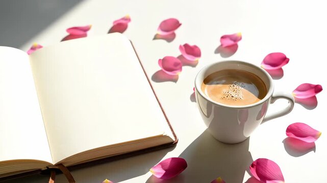 steaming cup of morning coffee next to open blank notebook with scattered pink petals on white table. romantic aesthetic lifestyle. spring planning, journaling concept with copy space.