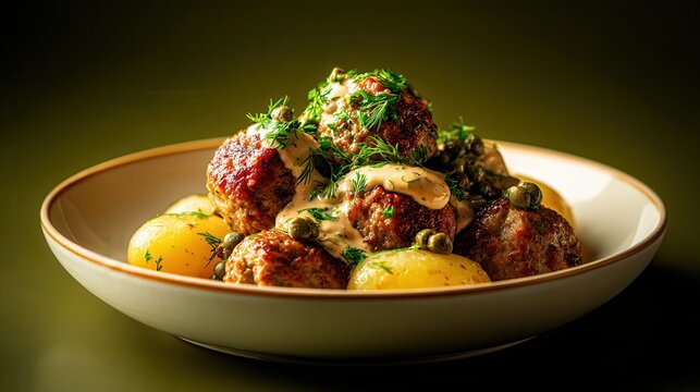 German meatballs in caper sauce with potatoes
