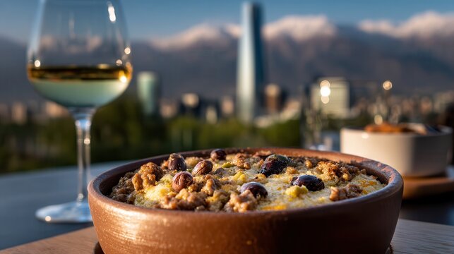 Pastel de choclo with Gran Torre Santiago in the background