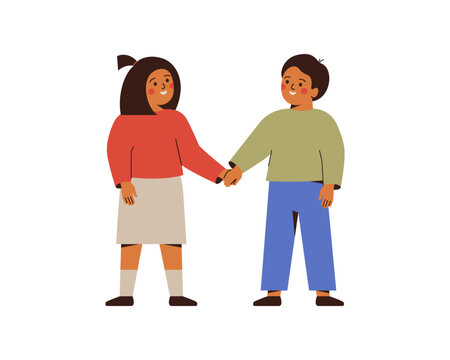 Boy and girl holding hands. Cute smiling children standing together. Happy preschool friends. Kindergarten Siblings. Flat vector illustration isolated on white background
