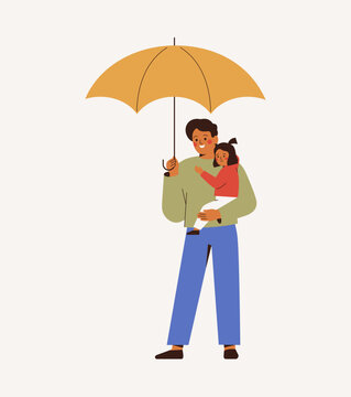 happy young man holding on hands small girl and protectives her by yellow big umbrella. Family support and care concept. vector illustration