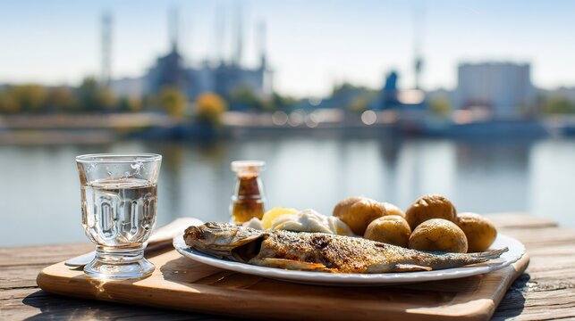Baked crucian carp with boiled potatoes by Dnipro river