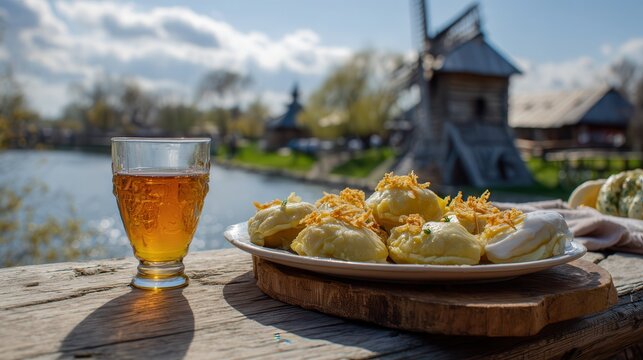 Enjoying traditional food by the Dnipro River in Pereiaslav