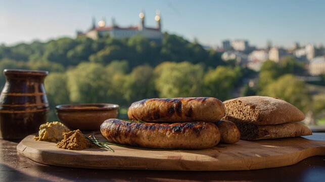 Grilled sausages with mustard and rye bread in Lviv
