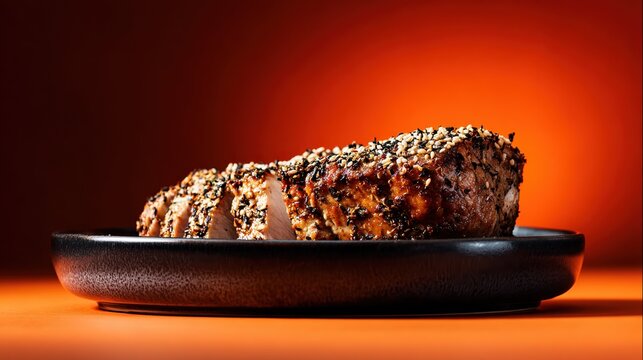 Czech vepov peen roast on dark plate against orange backdrop