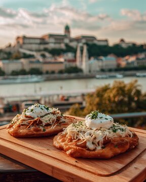 Tasty langos with views of Fisherman's Bastion and Danube