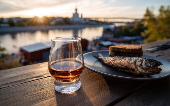 Rowanberry vodka and vobla fish at sunset by rivers
