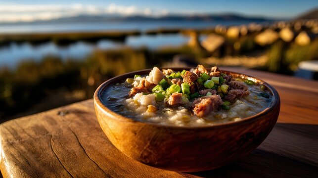 Chairo soup in wooden bowl at Lake Titicaca during sunset
