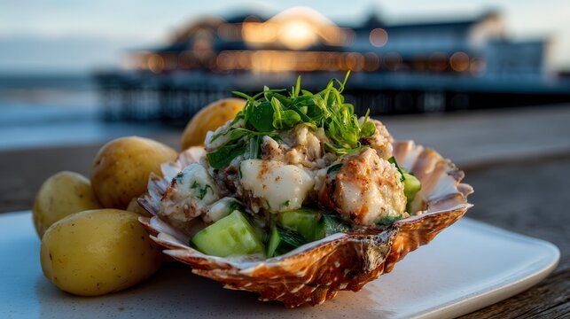 Cromer crab salad with beach view and warm light