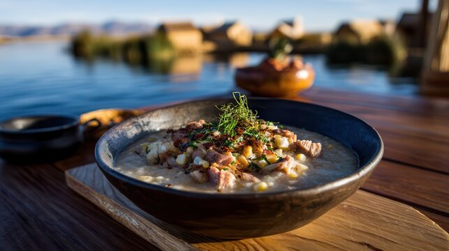 Chairo soup at Lake Titicaca at golden hour
