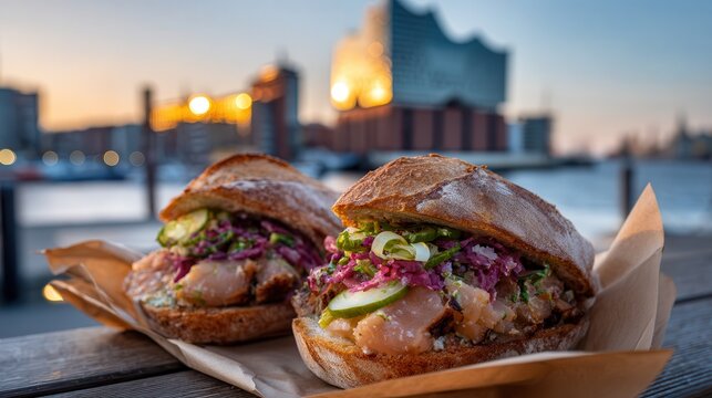 Enjoying Fischbr&ouml;tchen by the Hamburg harbor at sunset
