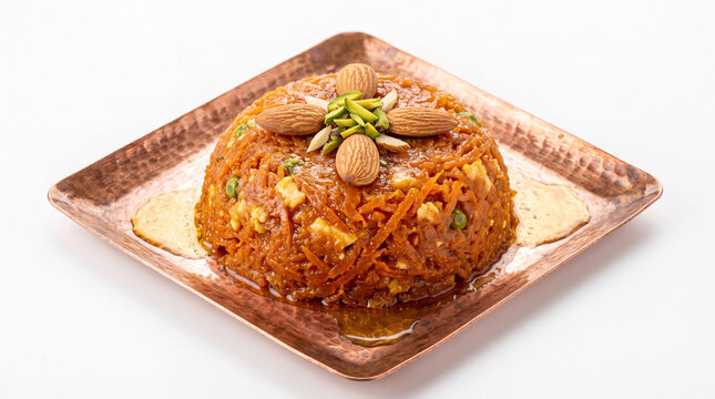 A traditional indian dessert, zarda or jarda, on a copper plate, garnished with almonds and pistachios, isolated on white background