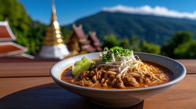 Enjoying khao soi with Wat Phra That Doi Suthep view