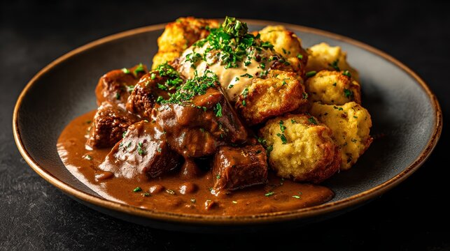 Czech beef gul with bread dumplings on gray plate