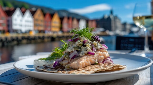 Tasting rakfisk with lefse by Bryggen in Bergen