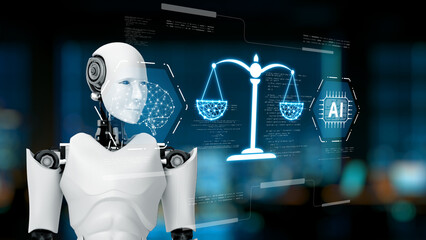 A futuristic robot stands in front of a digital screen with justice scales, representing the intersection of artificial intelligence and the legal system in modern society. Synapse © InfiniteFlow