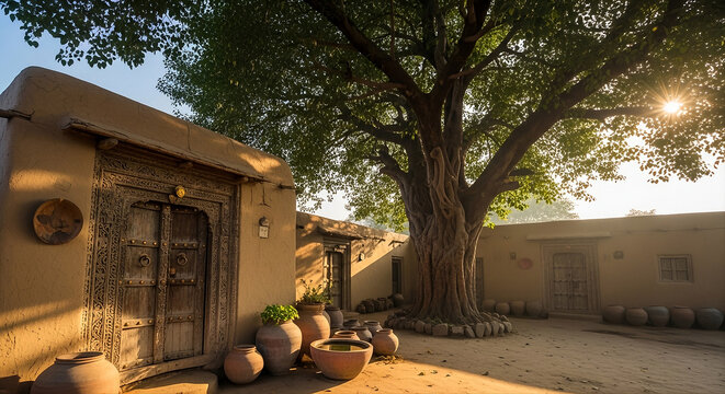Traditional mud house with antique wooden door in a peaceful rural setting