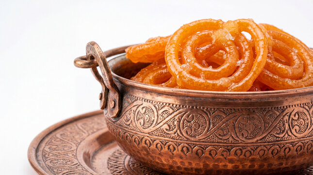 Traditional indian jalebi dessert in a copper bowl on white background