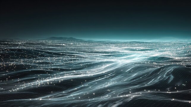 Glowing digital waves flow across a dark, futuristic ocean surface under a muted sky