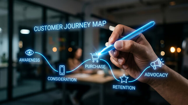 Customer journey map concept with digital icons and hand holding a stylus