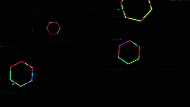 Glowing Neon Hexagon Shapes Animation with Digital Glitch Noise, Abstract Futuristic Light Background, Colorful Tech Motion Graphics Loop