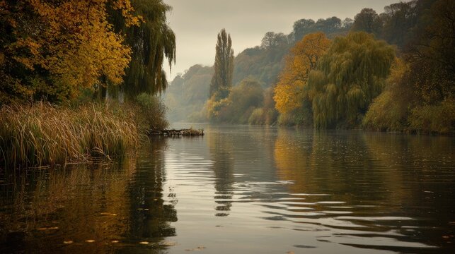 Tranquil waterway flows between dense banks of trees displaying autumnal foliage under an overcast sky