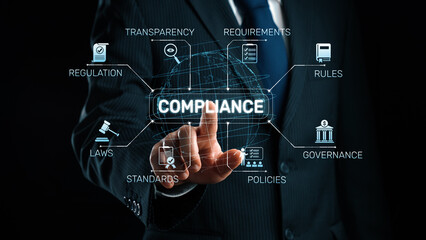 Obraz premium Compliance ensures alignment with standards, laws, and policies. A strong compliance system helps enforce regulation, protect organizations, and improve global compliance transparency. Elide