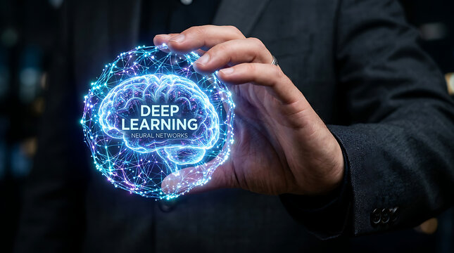 Businessman holding a glowing digital brain representing deep learning