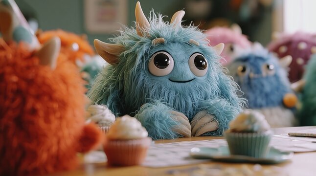 Blue fluffy monster sitting at table with cupcakes. Cute imaginary creature character having tea party. Adorable toy beast with big eyes. Concept of celebration, friendship and fun.