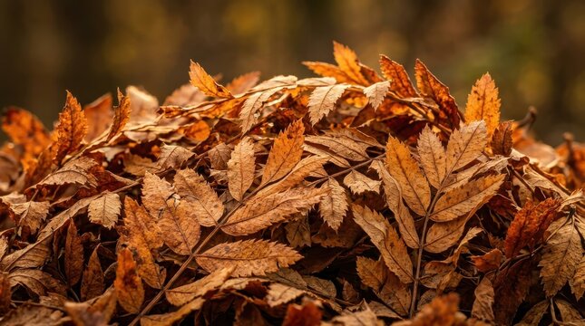 Autumn's Gentle Pile: A close-up shot capturing the essence of autumn as a mound of vibrant, fallen leaves forms a beautiful tapestry of color and texture.