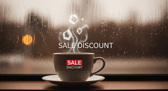 Cozy monsoon sale discount concept with coffee cup in rainy window background