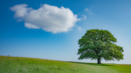 Obraz premium A large green tree stands alone on a grassy hill under a clear blue sky with a single white cloud