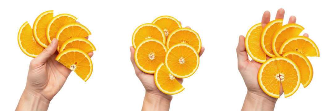 Hand holding half-cut orange Citrus sinensis citrus cross-section Media naranja Demi orange Halbierte Apfelsine juicy pulp vitamin C organic fruit breakfast snack health diet nutrition product