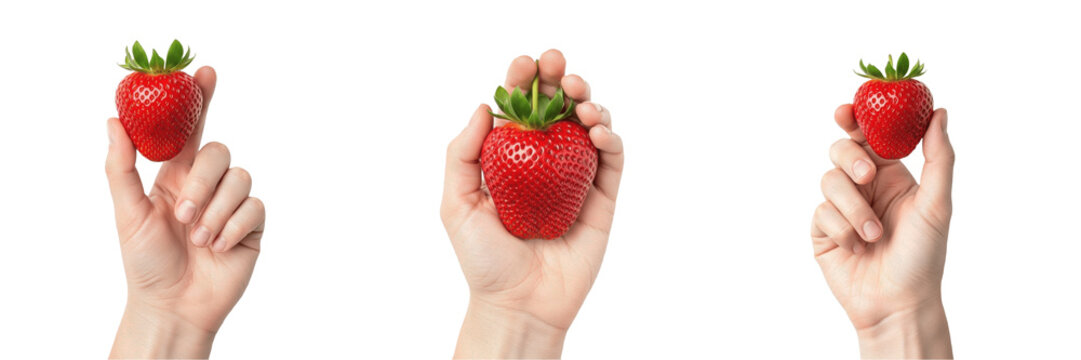 Hand holding multiple strawberries Fragaria x ananassa handful of berries Fresas Fraises Erdbeeren group of summer fruits organic harvest red berries vitamin rich healthy diet antioxidants