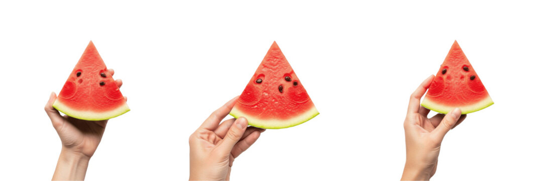 Hand holding a watermelon wedge Citrullus lanatus cut fruit Sand&iacute;a en trozo Tranche de past&egrave;que summer snack organic juicy sweet healthy hydration vitamin lycopene farm fresh produce stock photo