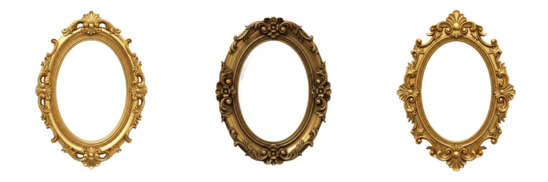 Ornate Antique Oval Picture Frame - Vintage Gold Border for Art Galleries, Home Decor, and Portrait Displays - Isolated Elegant Empty Golden Frame PNG Asset
