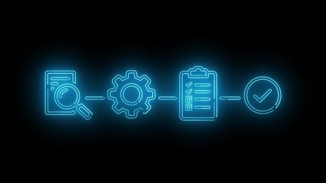 Neon-lit icons of a document with a magnifying glass, gear, clipboard, and checklist connected by lines on a black background with a futuristic and technological