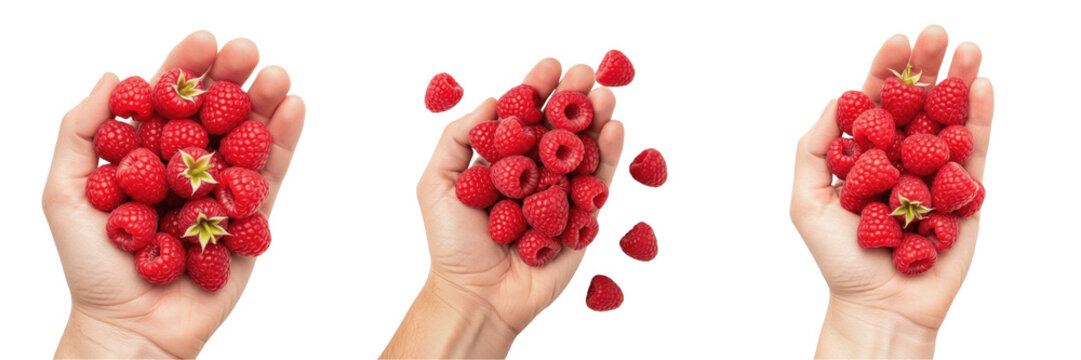Hand holding a handful of raspberries Rubus idaeus red berries Frambuesas Framboises Himbeeren group of summer fruits organic harvest red berries vitamin rich healthy diet antioxidants