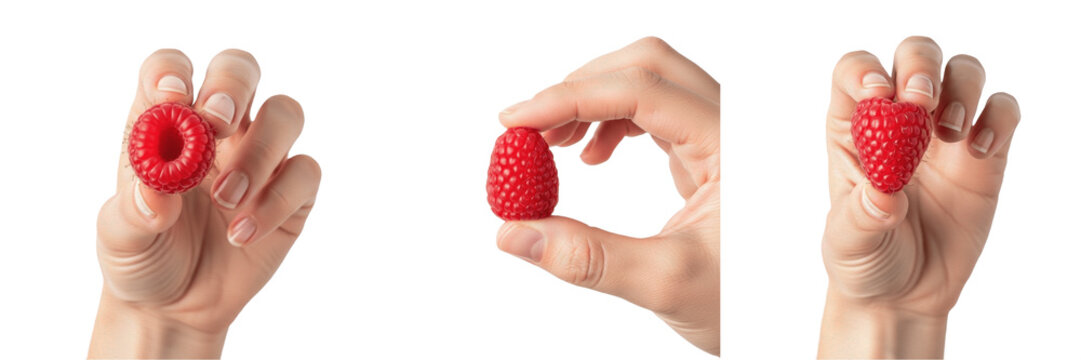 Hand holding raspberry close-up Rubus idaeus detailed red berry Frambuesa Framboise Himbeere organic summer fruit harvest red berry sweet healthy snack farm produce antioxidant stock photo