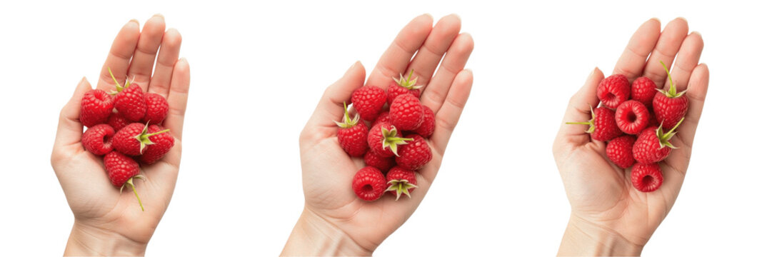 Hand holding fresh raspberries Rubus idaeus red berries Frambuesas Framboises Himbeeren summer fruit organic sweet healthy snack vitamin C antioxidant farm fresh harvest produce nutrition