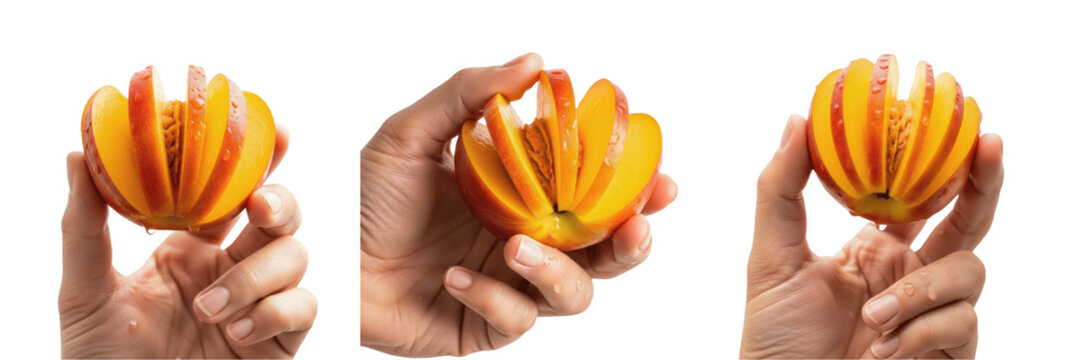Hand holding sliced nectarine Prunus persica var. nucipersica cut fruit Nectarina troceada stone fruit juicy orange pulp organic healthy snack vitamin farm fresh harvest produce nutrition