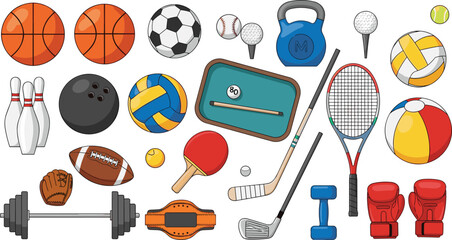 Sports equipment collection with balls, rackets, gloves, weights and fitness gear, diverse athletic items set for training, games and exercise vector illustration bundle © Mifta
